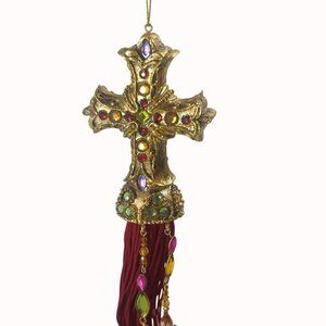 Ornate Jeweled Gold Cross Tassel Decor With Gem Accents & Red Fringe